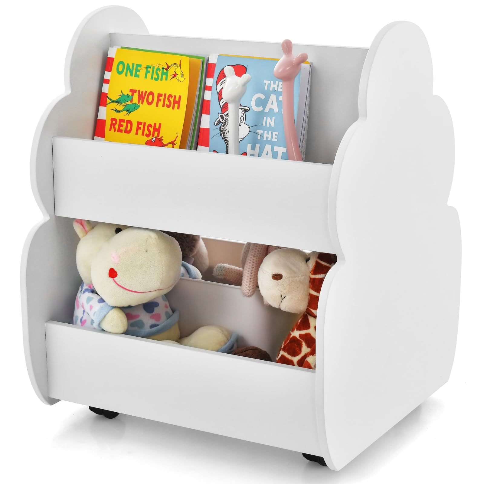 HOMASIS Libreria giocattolo per bambini, con 2 scomparti, in legno, con 4 ruote, per cameretta dei bambini, sala giochi e asilo (bianco), DZ10133