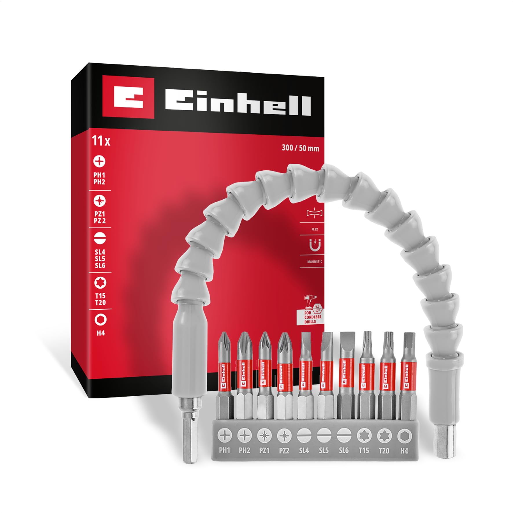 Einhell Accessories Original Einhell Bit Set With Flexible Shaft 11 Pcs (300 Mm Holder, Magnetic Tip, Chrome Vanadium, 50 Mm, E 6.3 Shank, Tight Areas)