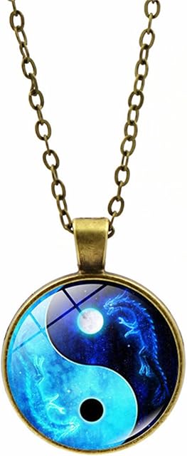 Schwenly Yin Yang Necklace Tai Chi Unisex Zinc Alloy Glass Dragon Pattern Cabochon Pendant Chain for Men Women,Bronze