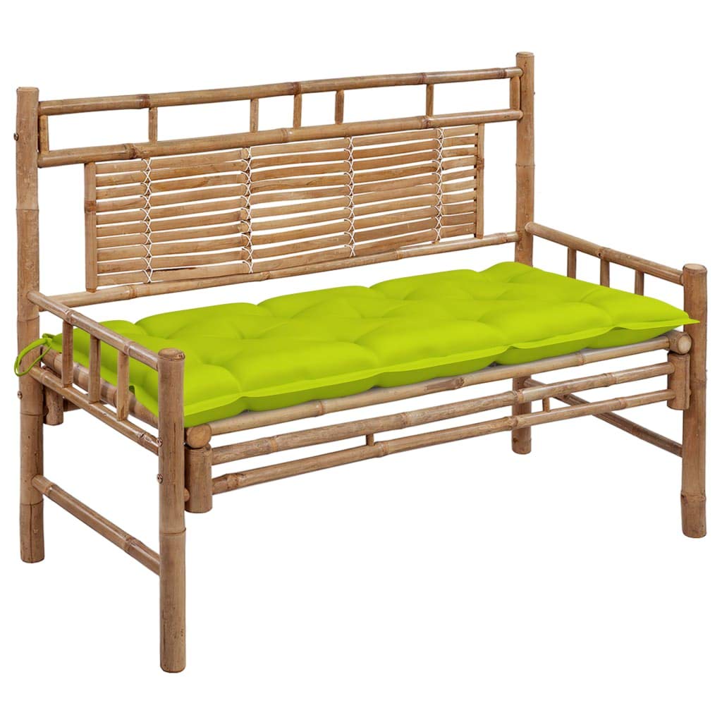 Banco de jardín de bambú de 120 cm con cojín, banco de bambú resistente a la intemperie e impermeable, con respaldo y cojín de poliéster impermeable con cintas de fijación,