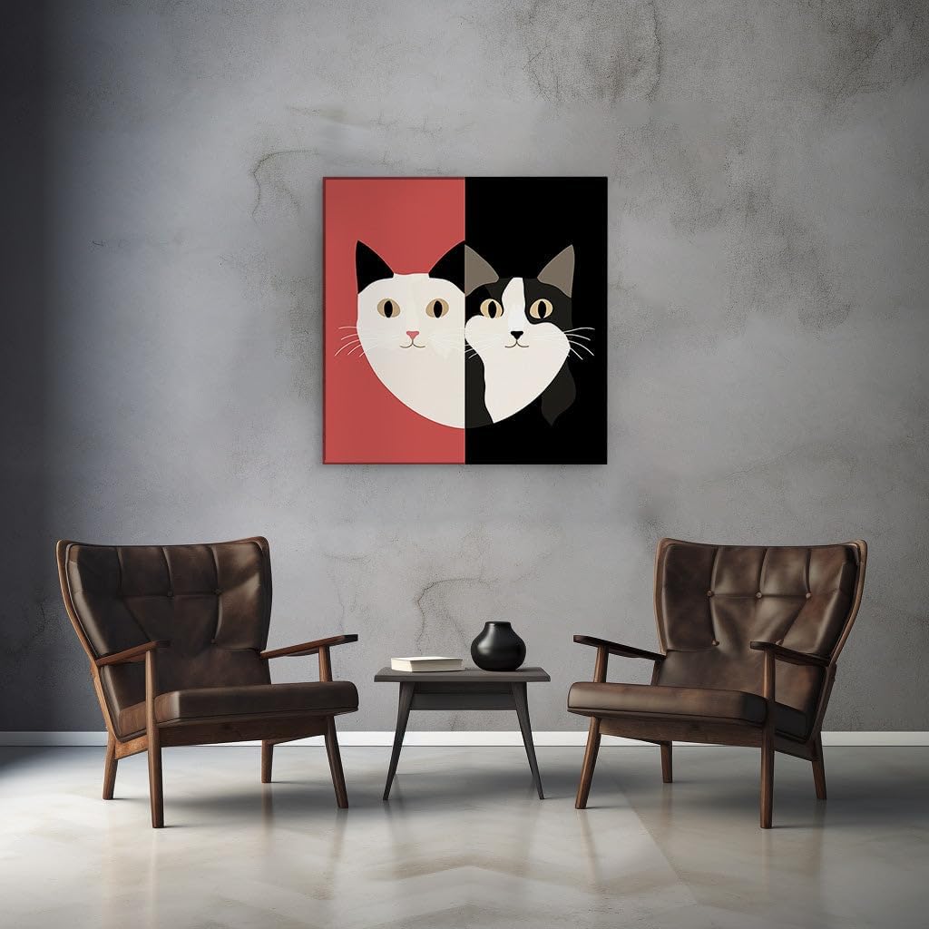 Canvas for Living room. Harmonious Contrast: A Tale of Two Cats in a Striking Yin Yang Visual Display, 27 x 18 inch Canvas Wall Art - Ready to Hang - 69x46 cm (27x18 inch)
