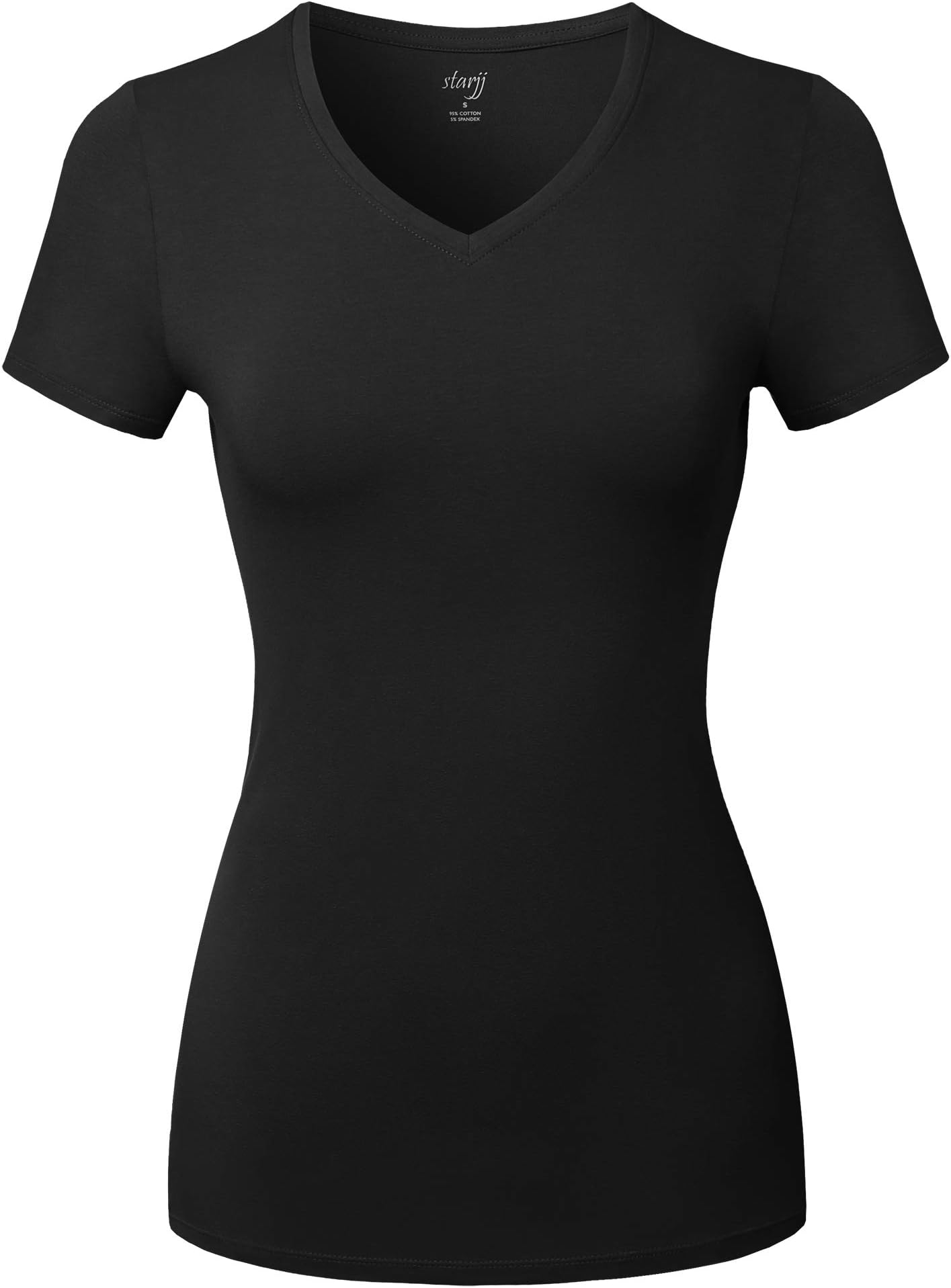 STARJJWomens Basic Active Strethcy Slim Fit Bodycon V-Neck & Crewneck Short Sleeve T-Shirt Top (S-XL)