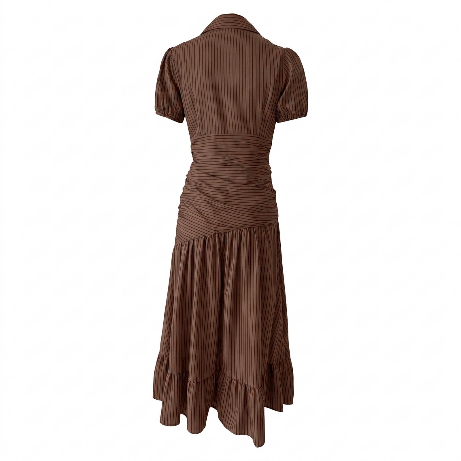 Robe midi plissée en Satin, Moulante à Rayures, col Chemise, Manches Courtes, élégante pour Le Travail ou Un Rendez-Vous.