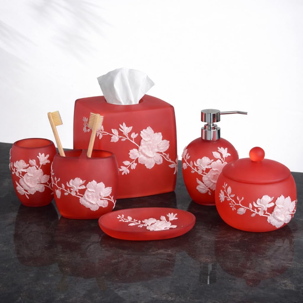 Decozen Bathroom Accessories 6Pcs Set, Soap Dispenser, Toothbrush Holders, Tumbler, Soap Dish & Cotton Swab Jar – Modern Bathroom Decor, Modern Farmhouse Decor, Countertop Accessories, Red