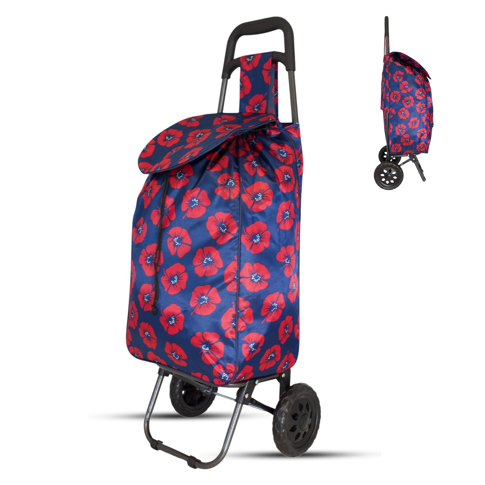 Lightweight 2 Wheel Shopping Trolley Cart 35L – Plain Poppy Floral Foldable Grocery Cart with Strong Metal Frame, Water-Resistant Bag & Smooth Rolling Wheels – 94cm