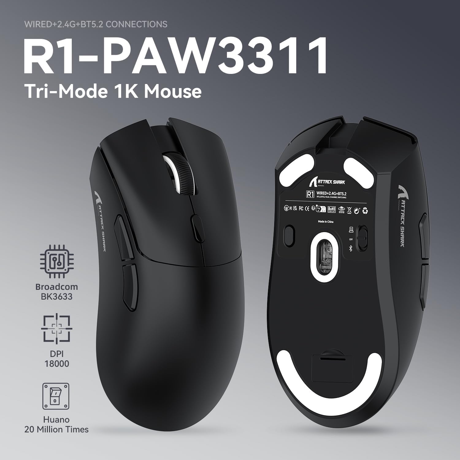 MAMBASNAKE ATTACK SHARK X68 HE Rapid Trigger Klawiatura i Bezprzewodowa Mysz do Gier R1 i 8KHz Kabel Spiralny Combos, Dokładność RT 0,01mm, 8KHz Przewodowa Klawiatura Magnetyczna, do PC/Mac — Czarna