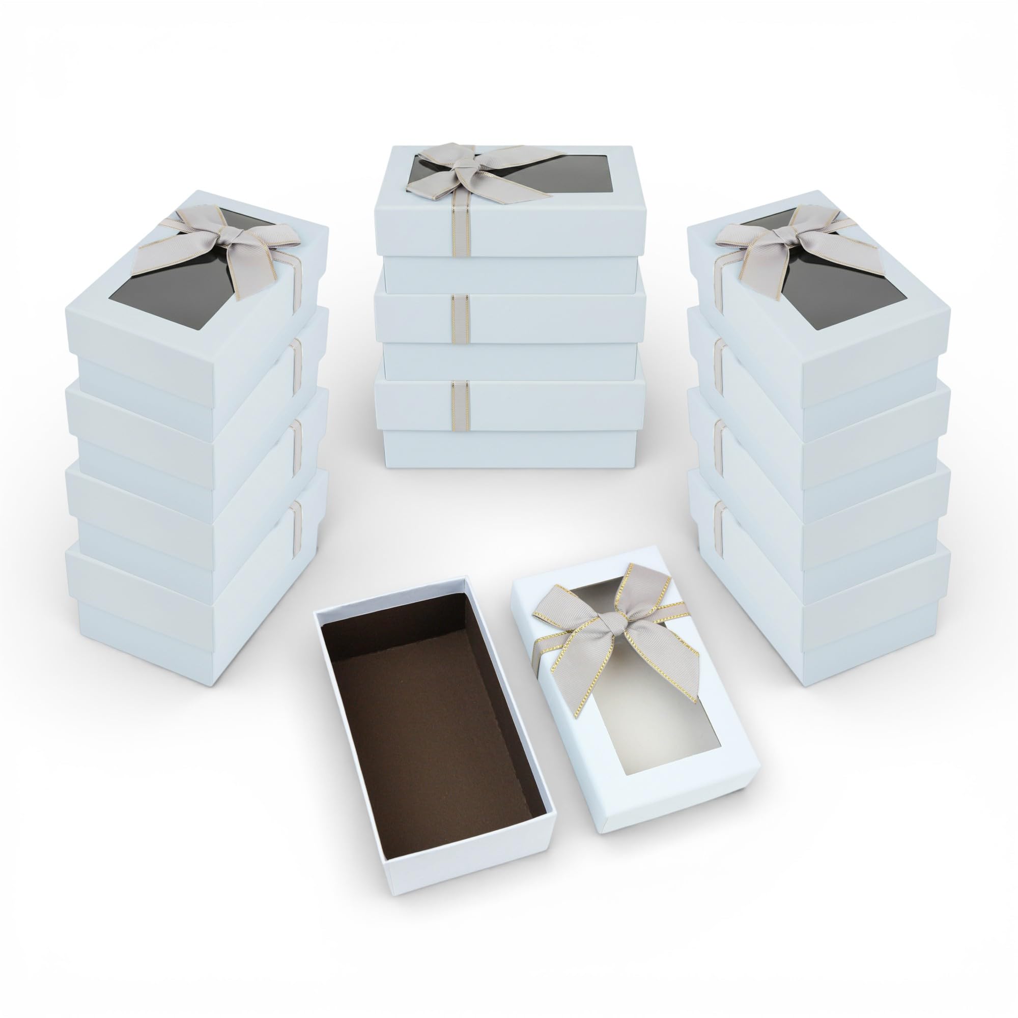 Emartbuy Pack of 12 Elegant Light Blue Gift Boxes with Ribbon & Clear Lid – Premium Rigid Boxes for Baby Shower, Birthday, Wedding & Festive Gifts – 15 x 9 x 6 cm