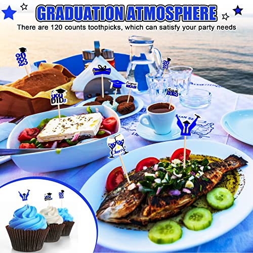 120 Counts Graduation Toothpicks For Appetizers Cocktail Picks For Drink Graduate Cupcake Toppers Sandwich Picks Bamboo Fruit Food Pick Fancy Toothpicks For Graduation Sports Party, Blue & Black #TOP3