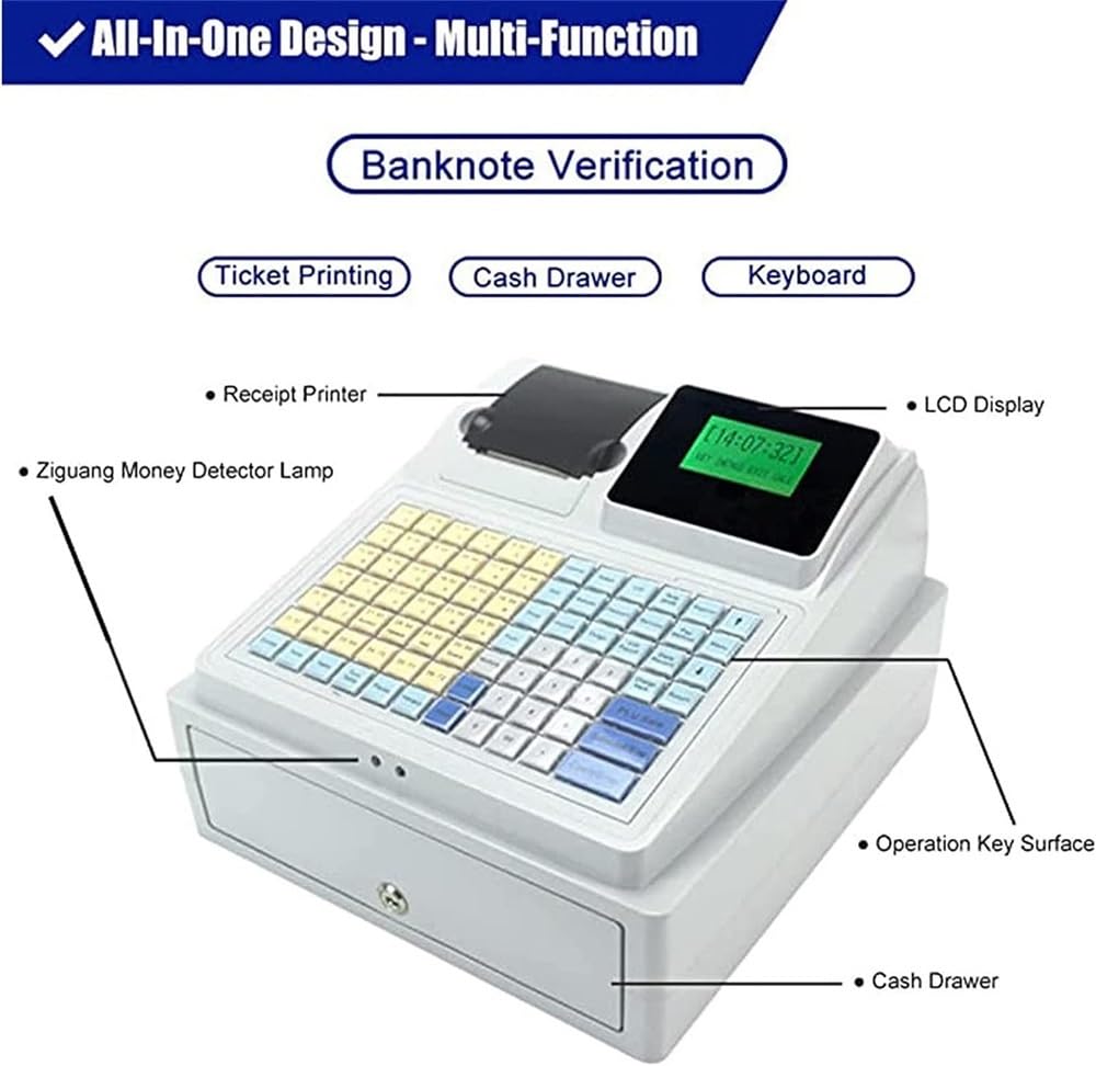 Caja registradora con Sistema POS electrónico con Capacidad para 4 Billetes y 5 Monedas, Bandeja extraíble e Impresora térmica para pequeñas Empresas, comercios y restaurantes.