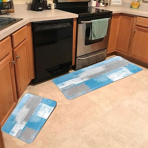 Vista 234 de TOMWISH - Tapetes de cocina para piso, color turquesa, gris, abstracto, pintura artística, 17 x 48 + 17 x 24 pulgadas, juego de alfombras de cocina