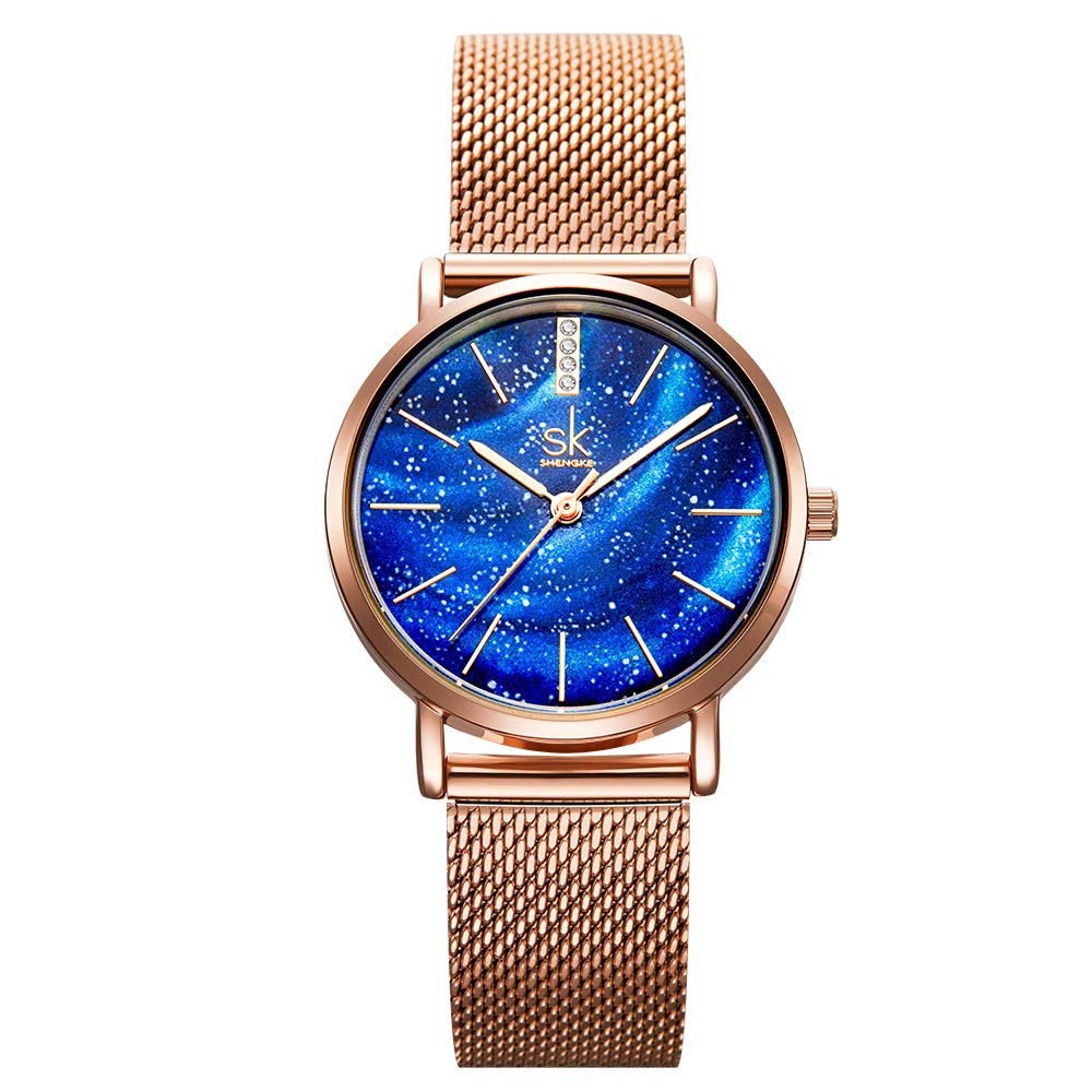 SHENGKESHENKGE Women Watches Starry Sky Dial Ultra-Thin Stainless Steel Mesh Band Quartz Movement Dress Watches for Girls,Blue