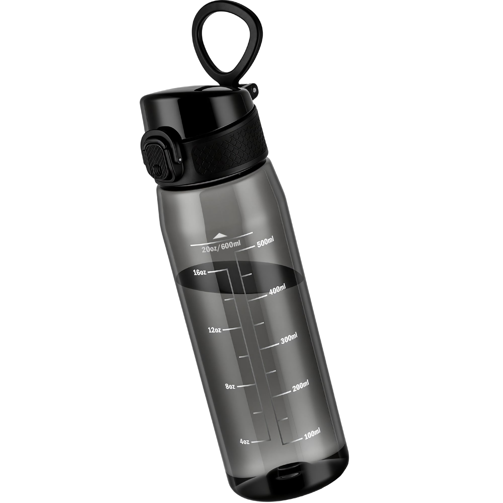GOPPUS 600ML/20OZ Clear Tritan Water Bottle with Spout Lid (No Straw) Transparent Drinks Bottle Carry Handle Measured Bottles with One Hand Open Lid Leakproof Sport Bottles BPA Free (Black)
