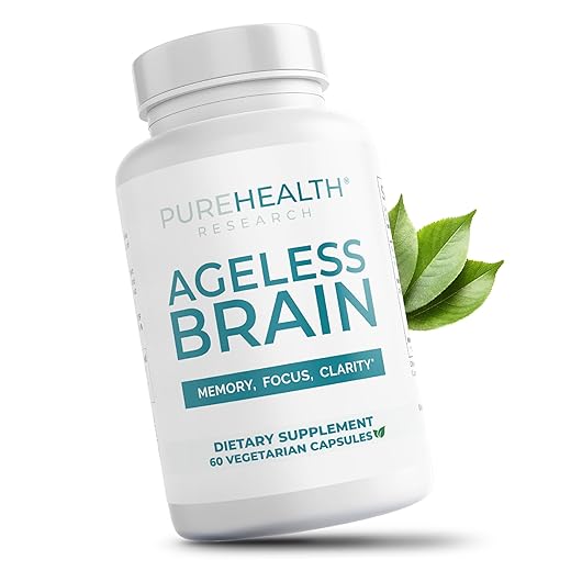 PUREHEALTH RESEARCH Ageless Brain Supplements for Memory and Focus - Nootropic Brain Health Supplement for Adults - with Bacopa Monieri, Alpha GPC, L-Tyrosine, Vitamin B6, Niacin & More, 60 Capsules