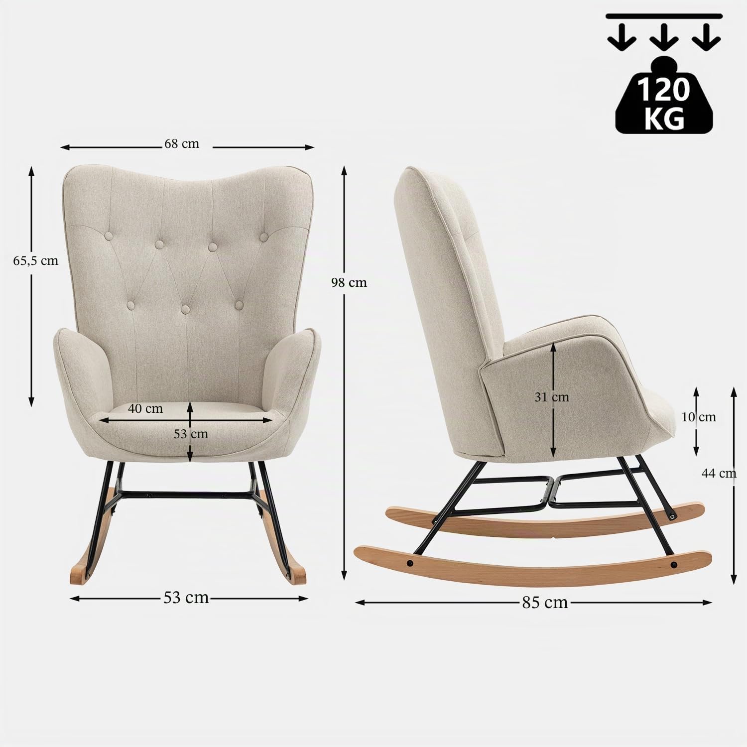 MEUBLE Cosy Silla Mecedora Estilo Escandinavo, Sillón Relax Especial Lactancia para Salón, Dormitorio, Balcón, Sala de Estudio, Tela, Madera de Haya, Metal, Beige