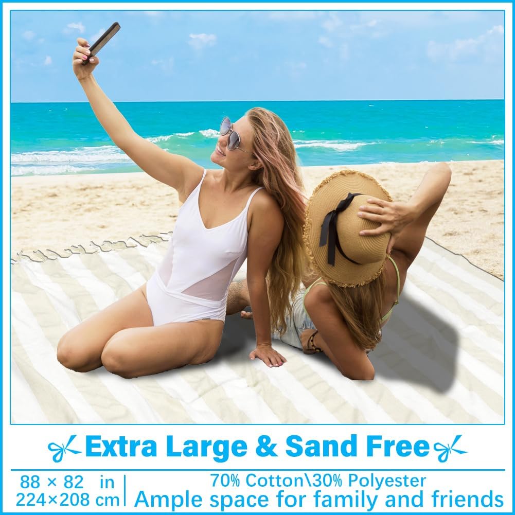 Vikumond Oversized Turkish Beach Towel Blanket XXL Cotton Sandproof Towels Boho Woven Extra Large Big Sand Free Giant Throw Blankets Huge Quilt XL Picnic Camping Necessities Cloud for Adult Gifts