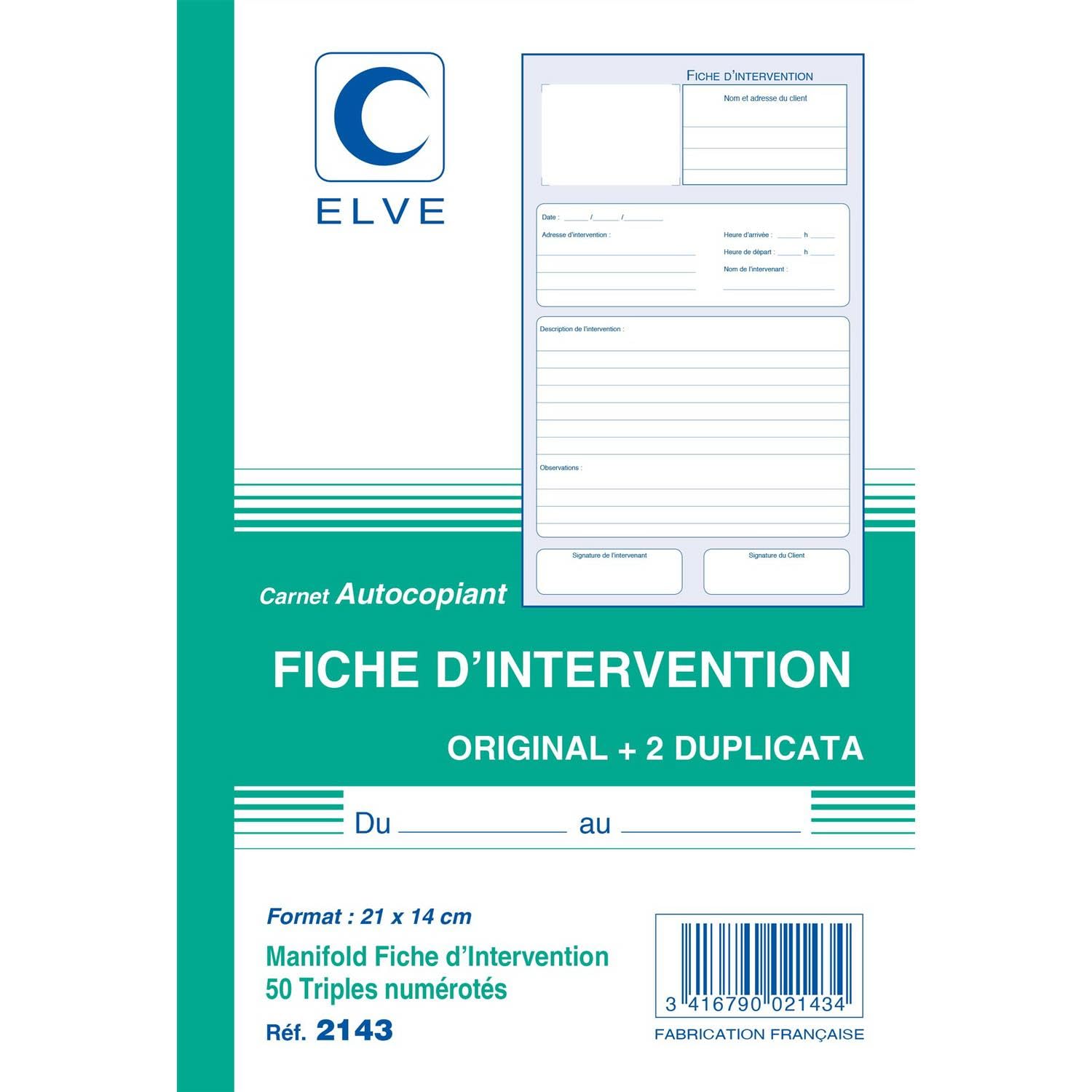 ELVE Lot de 6 Manifolds "Fiche d'intervention" 21 x 14 cm Vertical 50 F Tripli | 50 Feuillets, Tripli