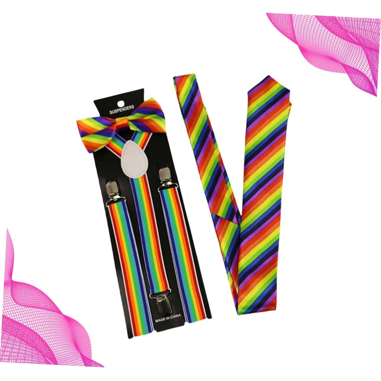 minkissy 3Pcs Rainbow Stripe Suspenders and Bow Tie Unisex Elastic Braces for Parties Costumes and Daily Wear Comfortable and Secure Fit
