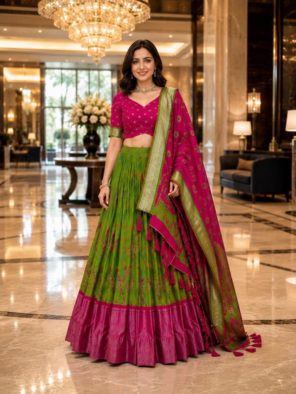 Image of Traditional Women's Tussar Silk Lehenga Choli Set | Semi-Stitched Ghagra with Printed Blouse & Dupatta | Graceful Indian for Festive, Wedding & Reception Events