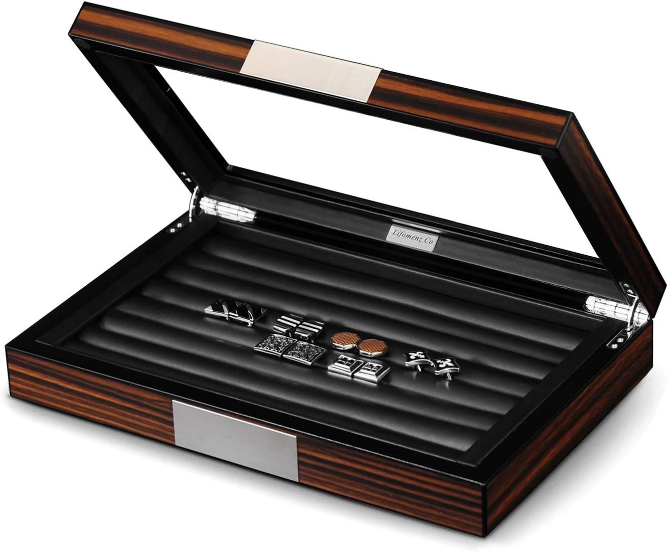 Lifomenz Co Wood Cufflink Box with Glass Window Cufflink Display Case Ring Organizer and Cufflink Box for men Hold 36-46 Pairs
