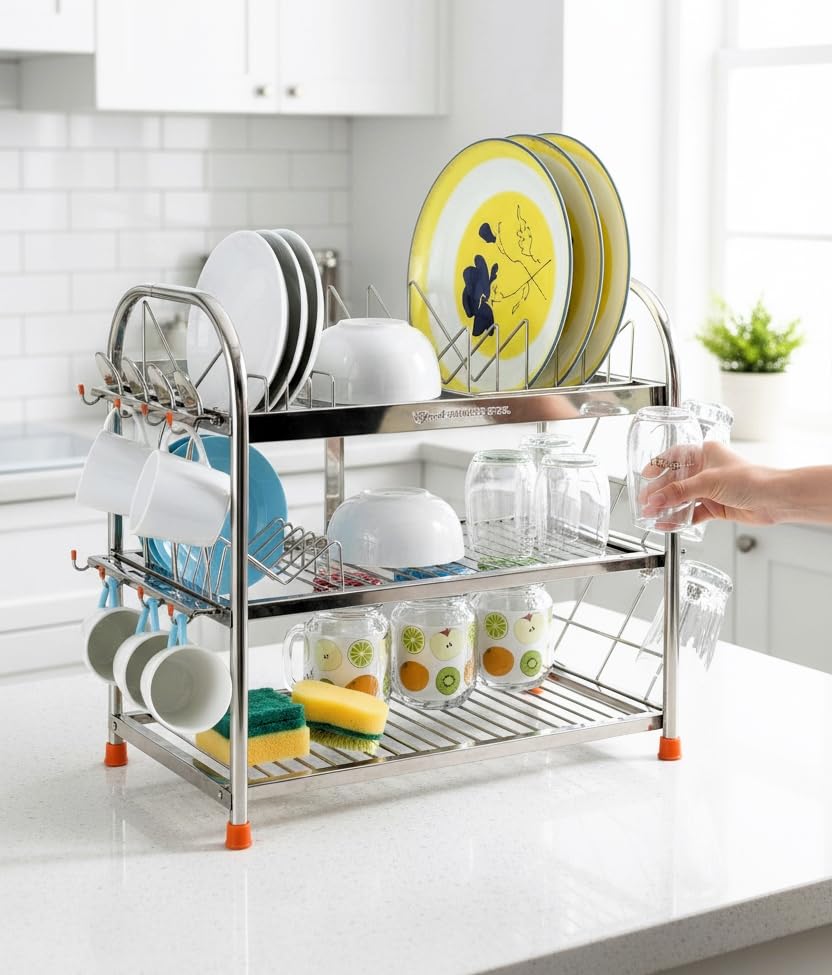 Image of AMOL Premium Stainless Steel 3-Tier Dish Rack | Kitchen Rack for Utensils, Plates & Glasses | Wall Mount & Countertop | Rust-Proof Kitchen Stand | Size- 18x18x11 inches (RW21-18x18x11)