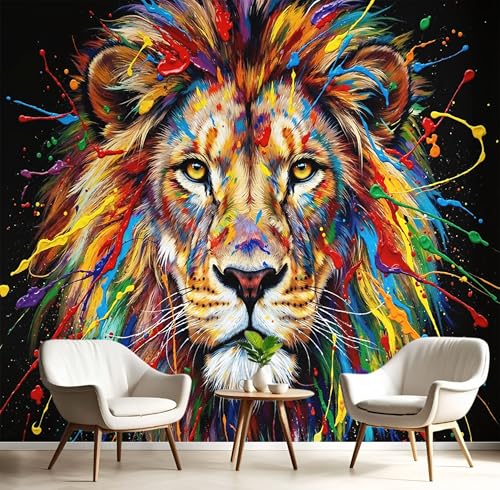 Colorful Wall Murals for Bedroom - Lion Splashing Ink Mural Wallpaper, Wildlife Art Wallpaper Mural Decoration for Living Room TV Background Dining Room Corridor, 144" x 100"