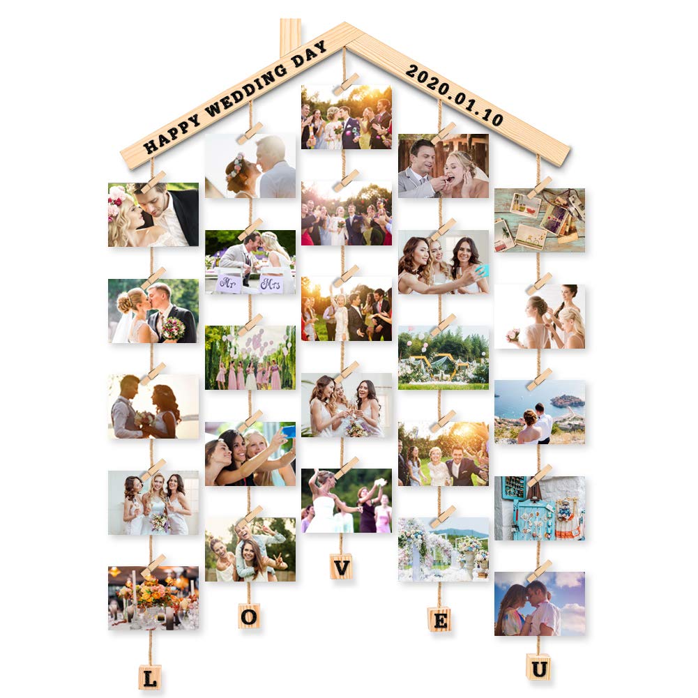 MOVEONSTEP Hanging Photo Display, Picture Photo Frame Wood Wall Photo Display Board with Rope and 30 Small Memo Clips Collage for Home Decoration 63x90cm (2 Sheets Alphabet & Number Stickers)