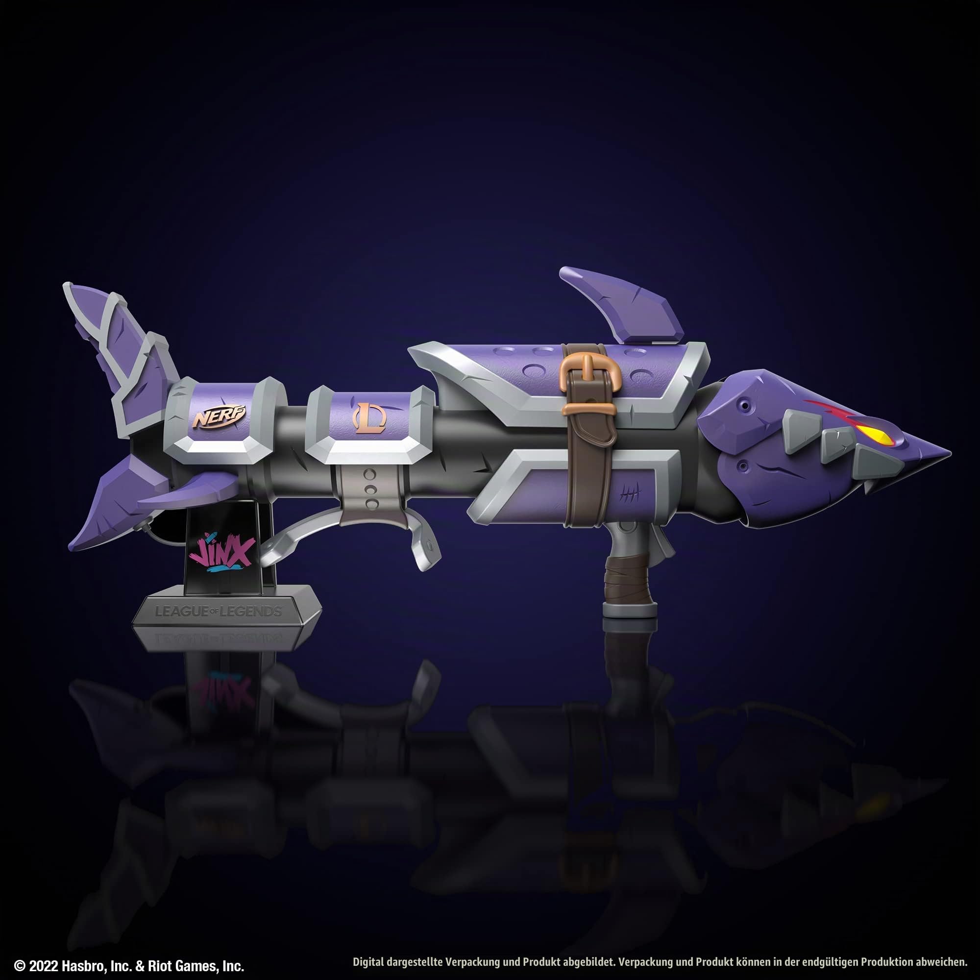 Nerf LMTD League of Legends Jinx Fishbones Blaster, 18 Dart-Trommel, 18 Nerf Elite Darts, 3er Dart-Abschuss, Display-Ständer