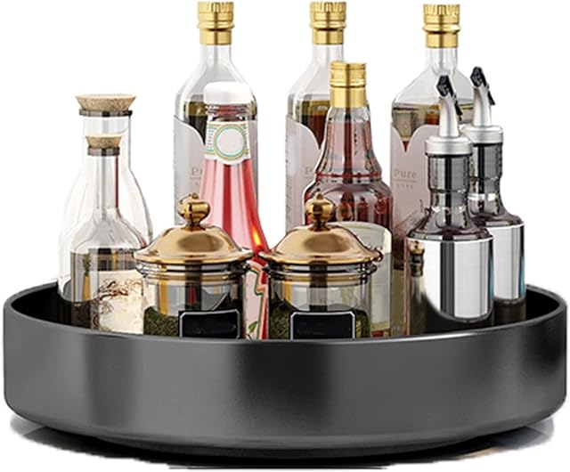 Fineget Spinning Large Metal Spice Rack Organizer for Cabinet Kitchen lazy Susan Rotating Turntable Countertop Vertical Storage Rack Self Black Single Layer