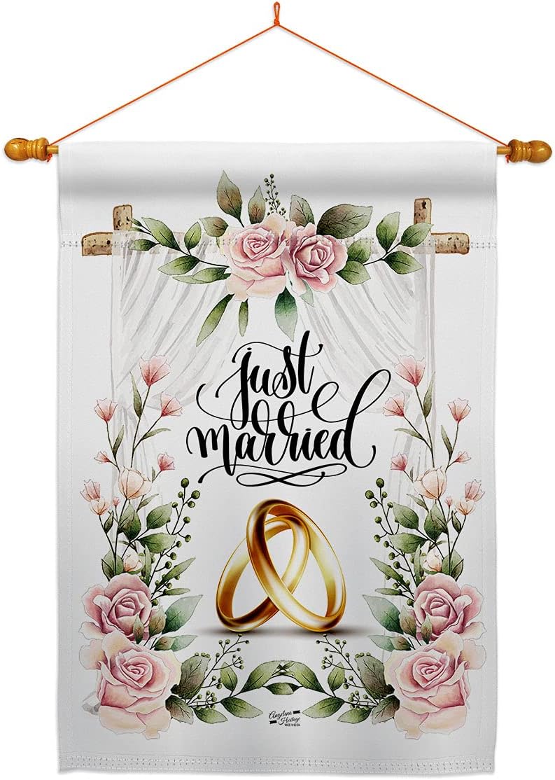 Wedding Rings Burlap House Flag Set Celebration Marriage Bride Groom Mr Mrs Occasion Anniversary Party Small Decorative Gift Yard Banner Double-Sided Made In USA 28 X 40
