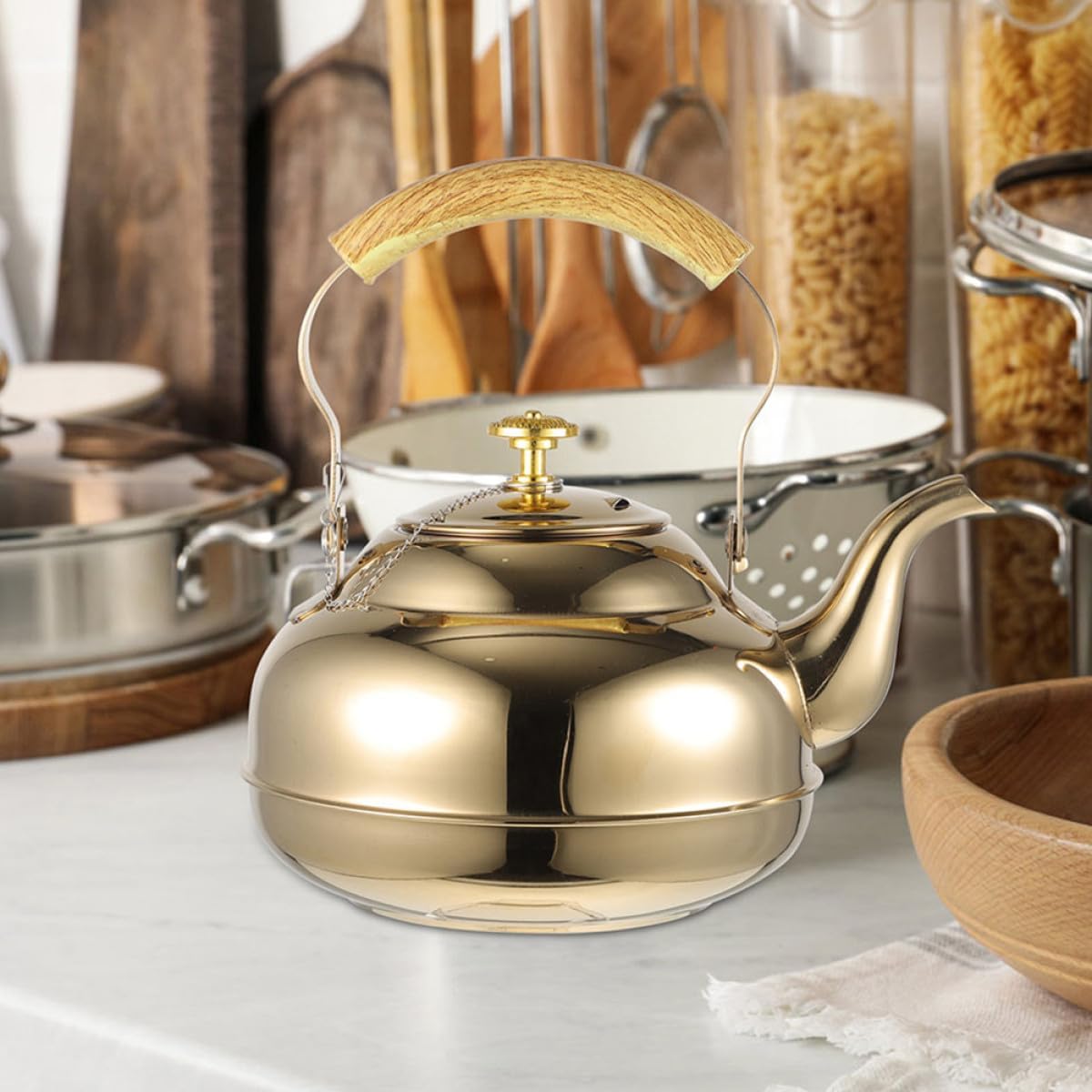Stovetop Tea Kettle with Infuser 1.5l Gold Stainless Steel Whistling Teapot for Gas and Induction Stove Top Kitchen Use