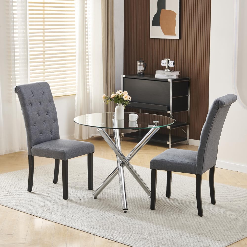 Pantanal 90cm Round Glass Dining Table and Grey Fabric Stud Chairs Set of 2, Modern 3 Pieces Compact Kitchen Table with 2 Elegant Chairs for Dinette Restaurant Small Space โ image 1