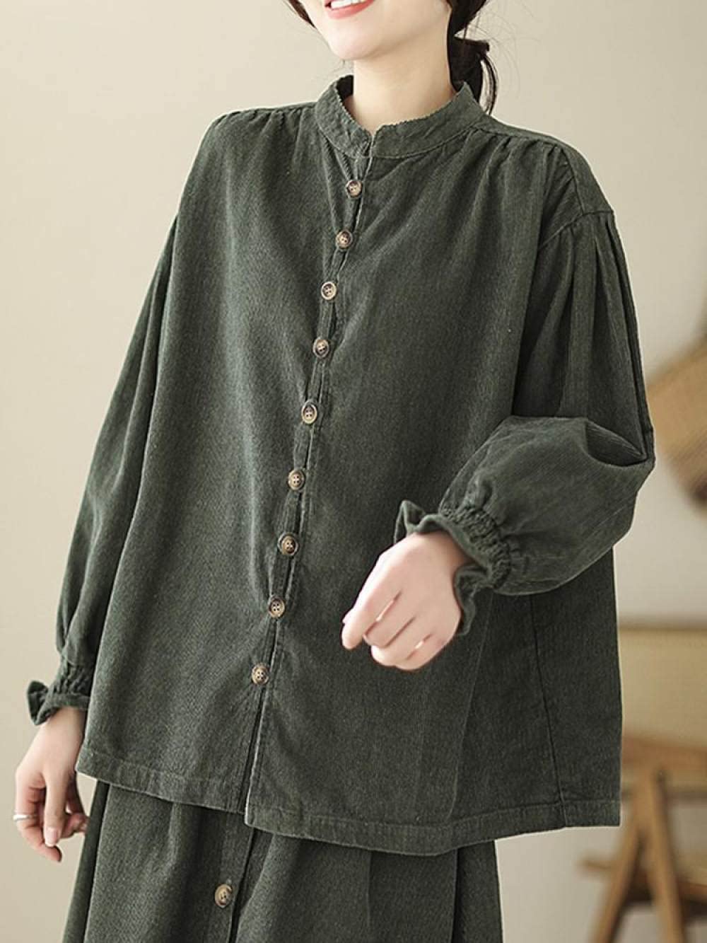 Damen-Hemd Mit Knopfleiste,Damen Vintage Puffärmel Langarmhemd Grün Baumwolle Leinen Bluse Baggy Solide Mode Hemden Tunika Lässige Hemden Mit Knöpfen Party Tops Lässige Bürobluse Für Mädchen Damen