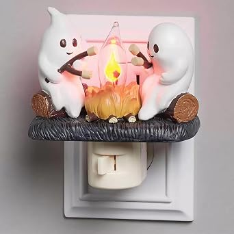 Ghost Campfire Flickering NightLight, Ghosts Campfire Flicker Flame Halloween Nightlight, 3D LED Small Electric Faux Campfire Night Light, Spooky Fire Marshmallow Night Light Halloween Gifts 1