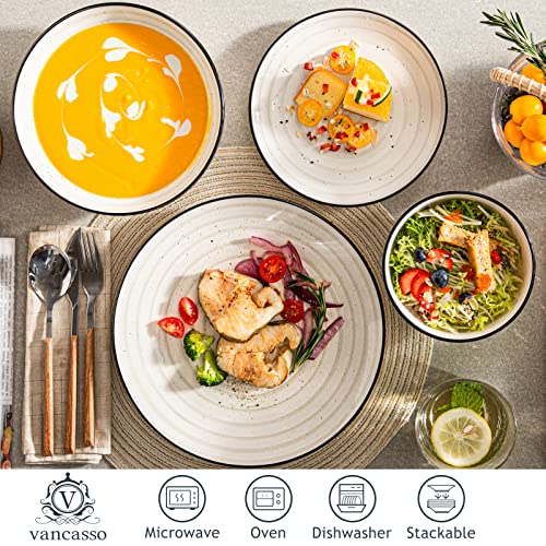 Vancasso Bonbon Beige Dinner Set, 48 Pieces Stoneware Dinnerware Set, Handpainted Spirals Pattern Ceramic Combination Set With Dinner Plates, Dessert Plates, Soup Plates And Bowls, Service For 12 #TOP3