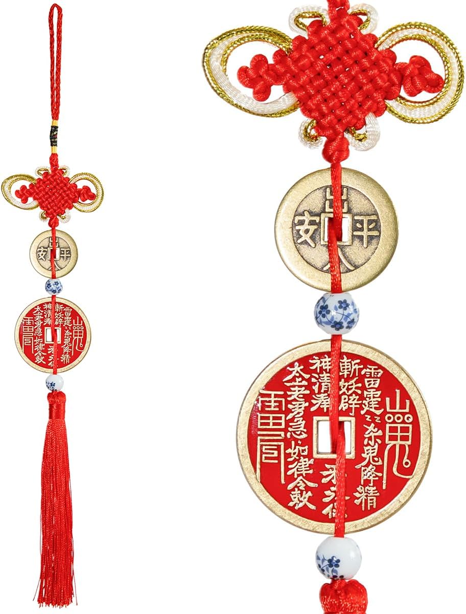 Feng Shui Solid Brass Feng Shui Lucky Coin with Cinnabar, Wealth Protection Amulet Hanging Charm for Home Car Mirror Decor, Safe Travel Talisman Festival Housewarming Gift (Safe Travel Talisman)