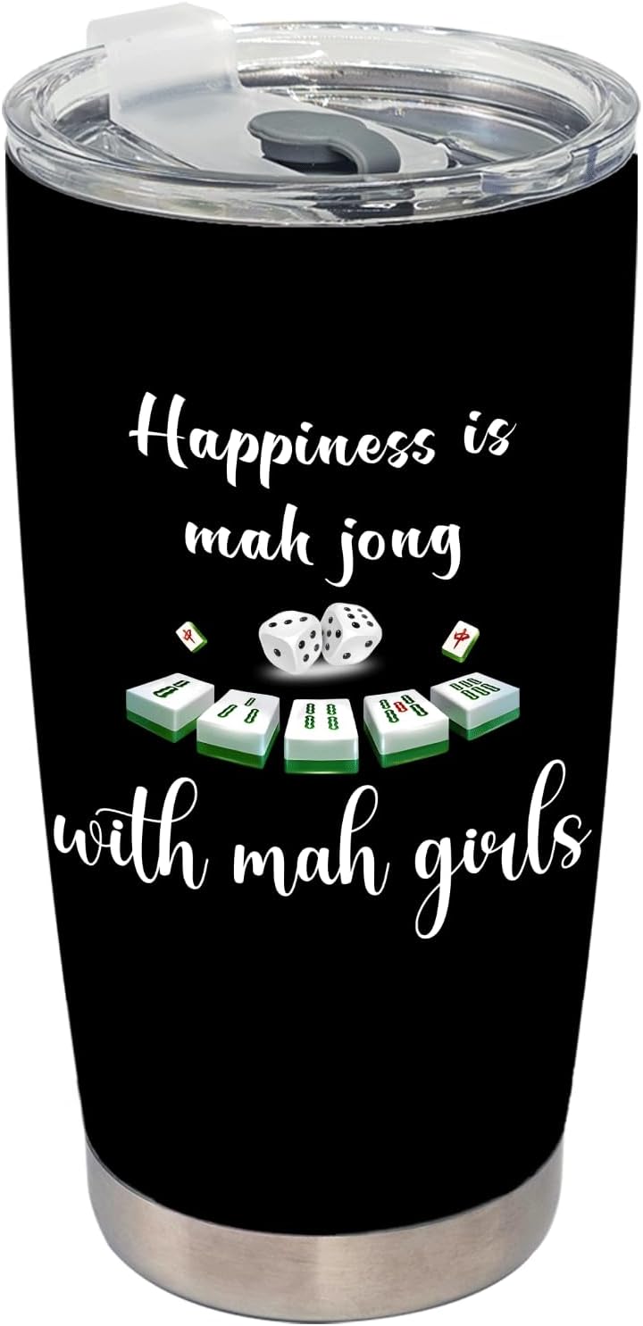 BEHIFL Mahjong Gifts Tumbler, Mah Jong Accessories Stainless Steel Tumbler with Lid and Straw 20oz, Gifts for Mahjong Players Lovers Travel Coffee Cup