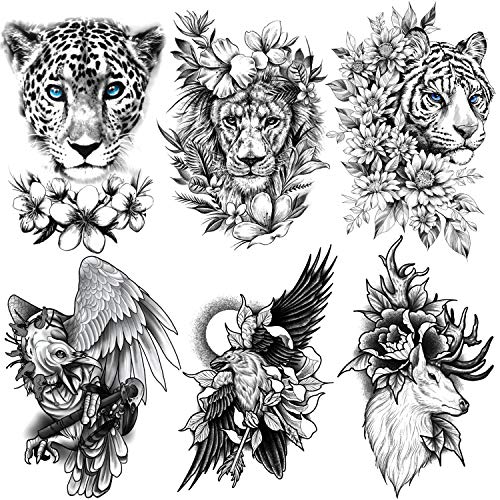 Kotbs 6 Sheets Black Tribal Realistic Animal Flower Temporary Tattoos for Men Women, Waterproof Tattoo Stickers for Teens Kids 3D Lion Tiger Leopard Bird Deer Pattern