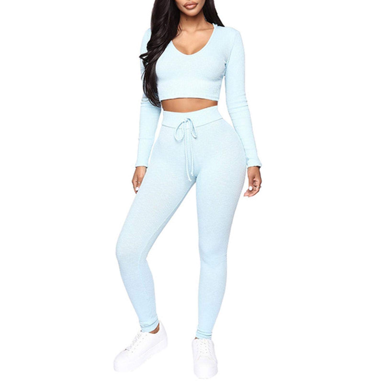 Womens 2 Piece Outfits Sport Bodycon Hoodies Crop Top Long Pant Ribbed Tracksuit Set Activewear