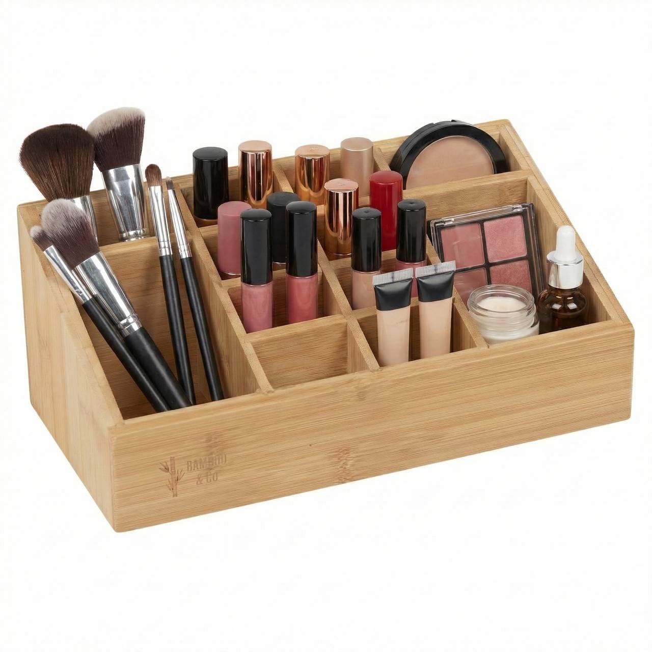URBNLIVING Bamboo Make Up Organiser, Wooden Cosmetic Storage Box with 6/9/12 Compartments, Vanity Skincare & Makeup Holder for Bathroom Bedroom Dressing Table
