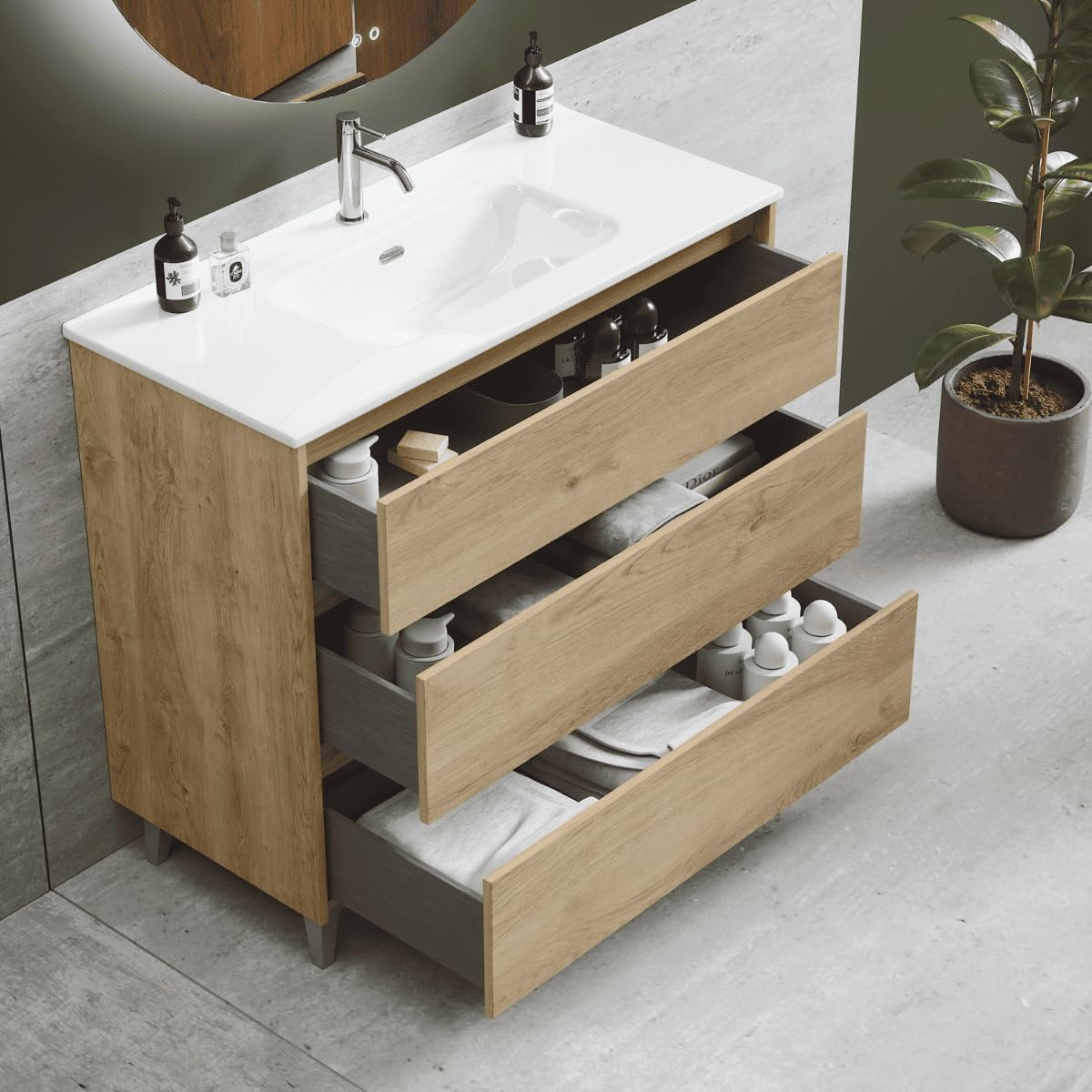 Mueble de Baño A Suelo con Lavabo Cerámico modelo Veloz|Mueble Baño con Patas Cromo 3 Cajones | 70 cm Roble Natural
