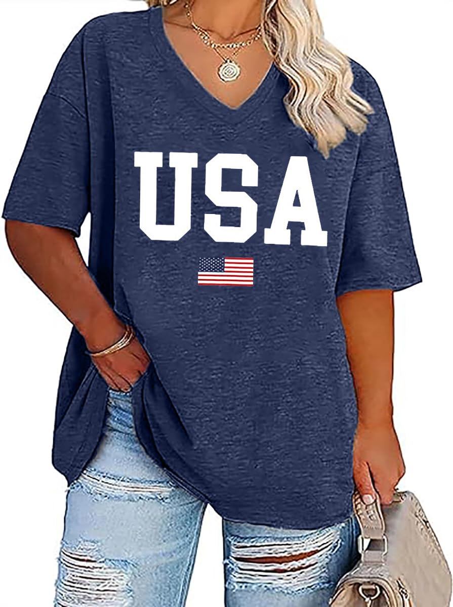 Plus Size V-Neck 4th of July T Shirt Women Distressed American Flag Graphic Tees Casual Loose Patriotic Shirts Tops