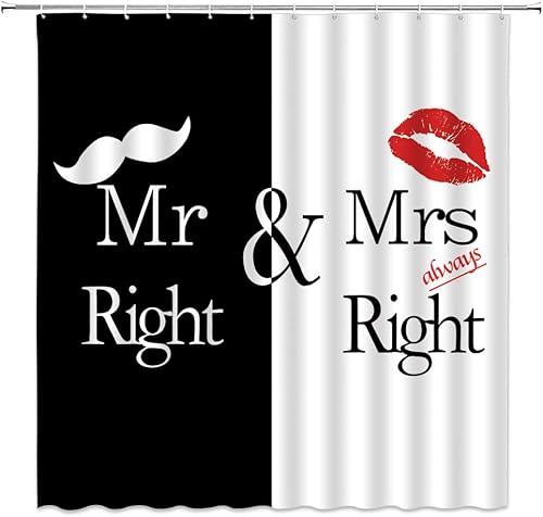 CHui DECOR Mr Mrs - Cortina de ducha divertida para parejas, diseño de señor y señora con letras de barba, labios, romántico, decoración de baño,