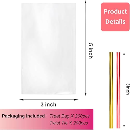 Miniatura 2 de Morepack Bolsas de celofán para golosinas, 200 bolsas transparentes de 3 x 5 pulgadas con lazos giratorios
