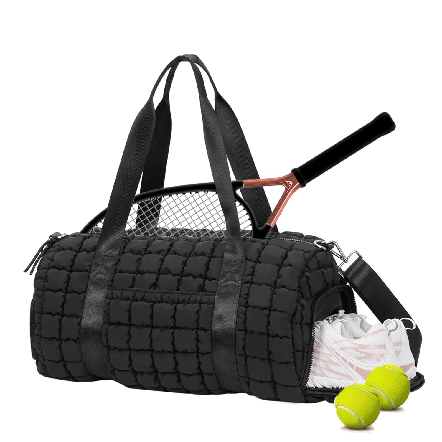 Lushandy Borsa da palestra da donna, trapuntata, borsa da palestra da viaggio, con scomparto per scarpe, borsa a tracolla per il weekend, nero, 18.9 x 9.4 x 9.4 inches, Borsone casual da viaggio da