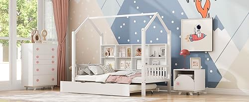 Miniatura 5 de SIYSNKSI Juego de 3 piezas marco de cama en forma de casa de tamaño individual con nido mesita de noche y baúl de almacenamiento juegos de muebles