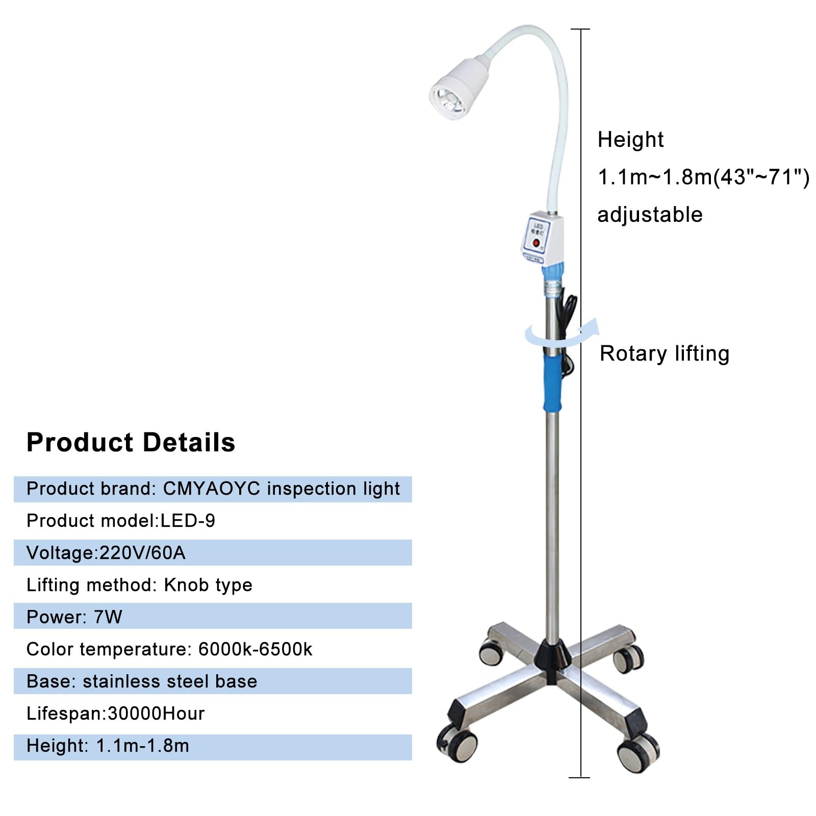 Lampe d'examen chirurgical Lampe d'examen médical sans ombre à LED sur pied, lumière d'examen à col de cygne avec base mobile et roues(Size:LED-9)