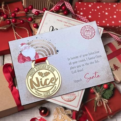 Christmas Eva Medal with Greeting Cards Santa Letter Gift Personalised Christmas Eve Box Filler Funny Badge Christmas Greeting Cards,Christmas Eve Nice List Medal Greeting (A)