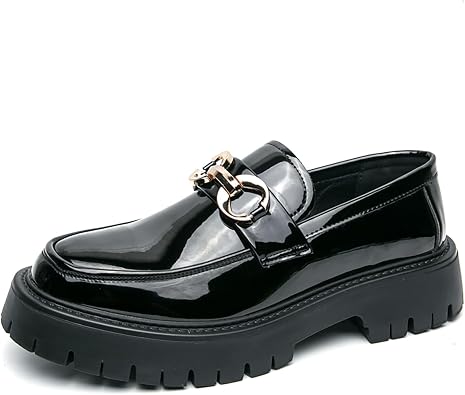 Mens Patent Leather Slip-On Platform Loafers Luxury Round Toe Metal Decorationfor Non-Slip Lug Sole Business Casual Work Shoes with Business Office Party