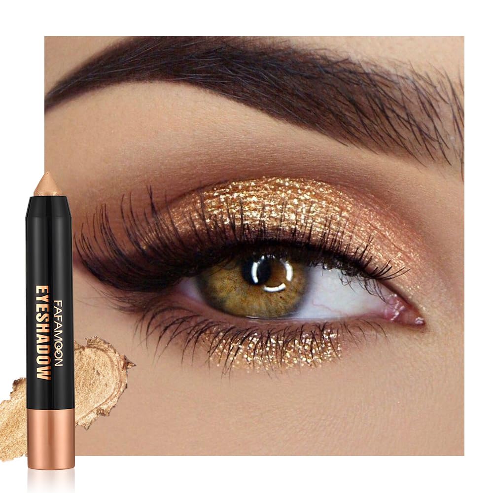 FeiCuiYun Monochrome Cream Glitter-Shimmer Eye Shadow Stick Palette makeup | 2-in-1 Eyeshadow & Eyeliner Pencil for Women | Waterproof, Vegan & Cruelty-Free | Sombras Para Ojos | 01 Shimmer Light Gold A01#Shimmer Light Gold
