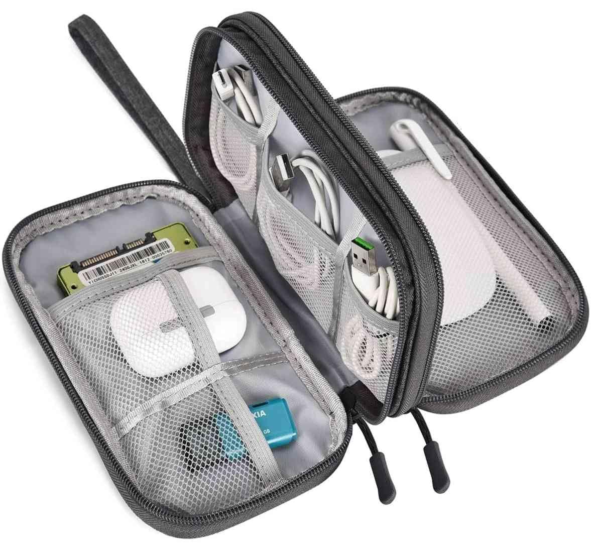SaleOn 8.3X5 Inch Portable Storage Organizer Bag Usb Cable, Earphone, Power Bank, Mobile Charger, Hard Disk & Digital Gadgets With Mesh, Dual Zippers & Elastic Loops, Inside Color May Vary, grey